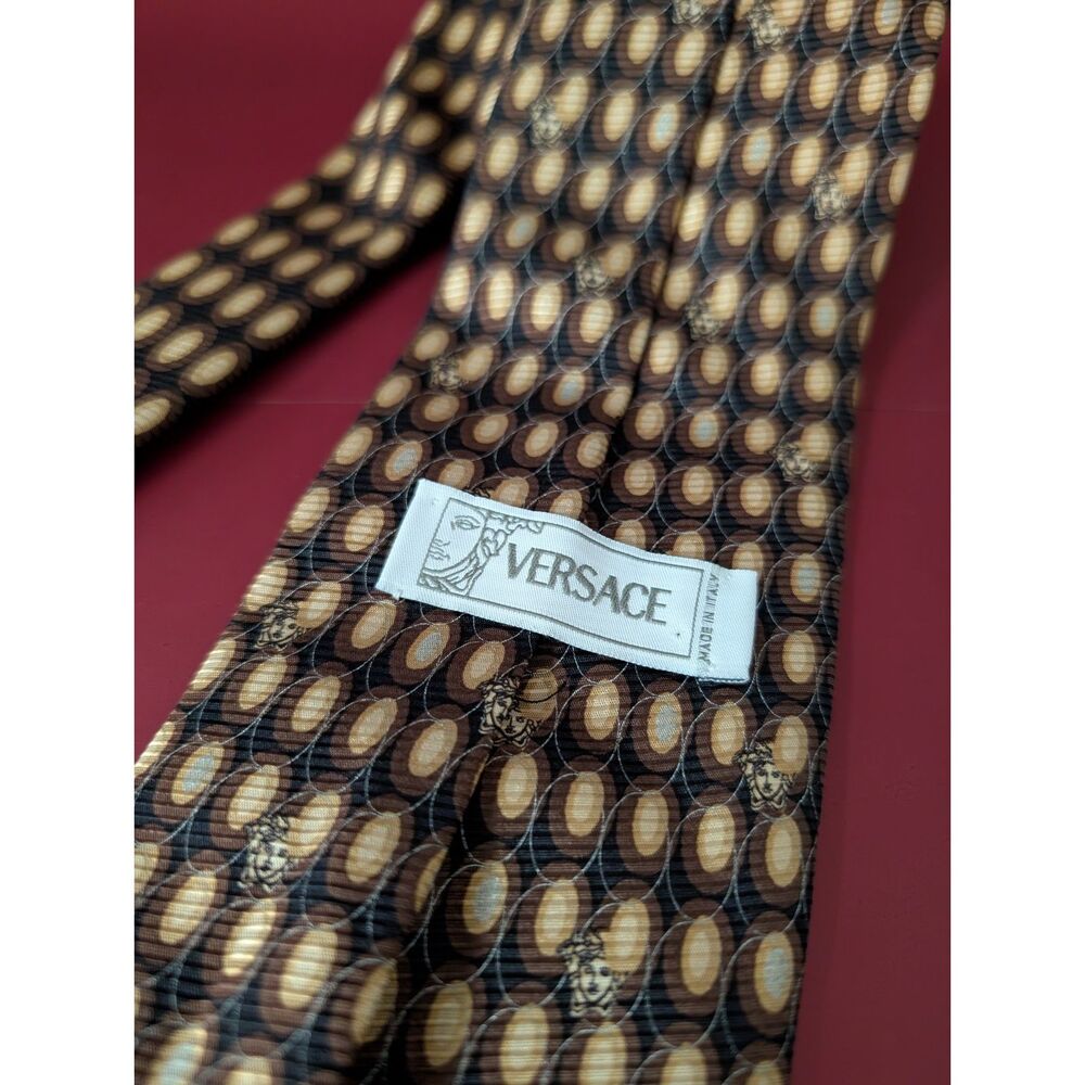Versace Mens Vintage Silk Tie Brown Tan Gold Medusa Head Italy